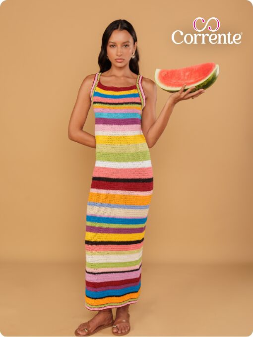 Vestido listrado colorido | Camila Fashion | Crochê